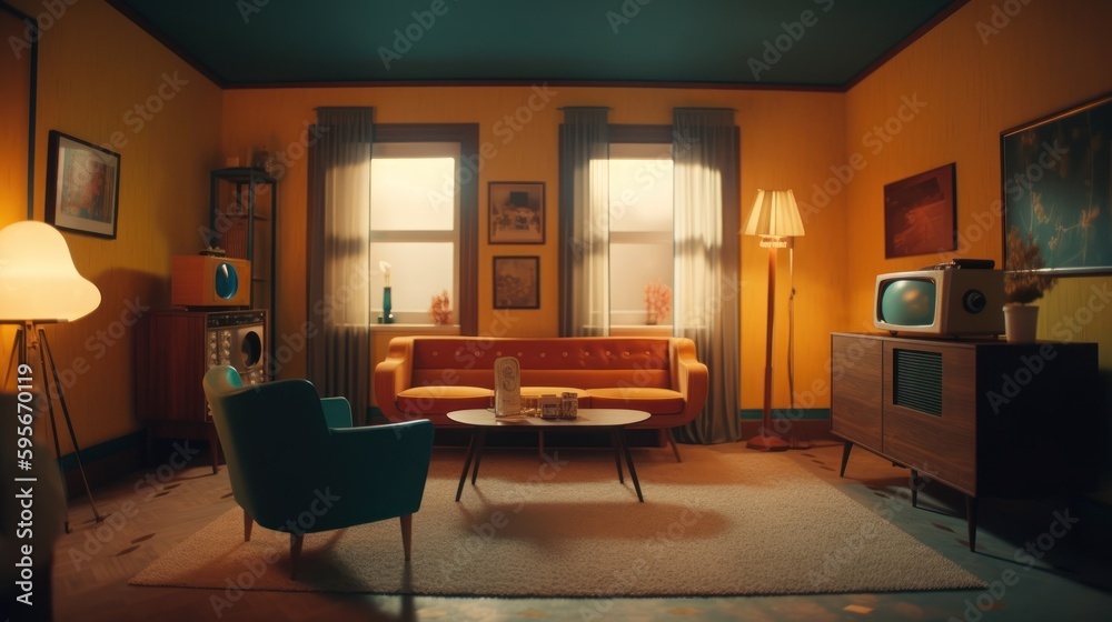 Fototapeta premium Retro interior design room with beautiful lightning generative ai
