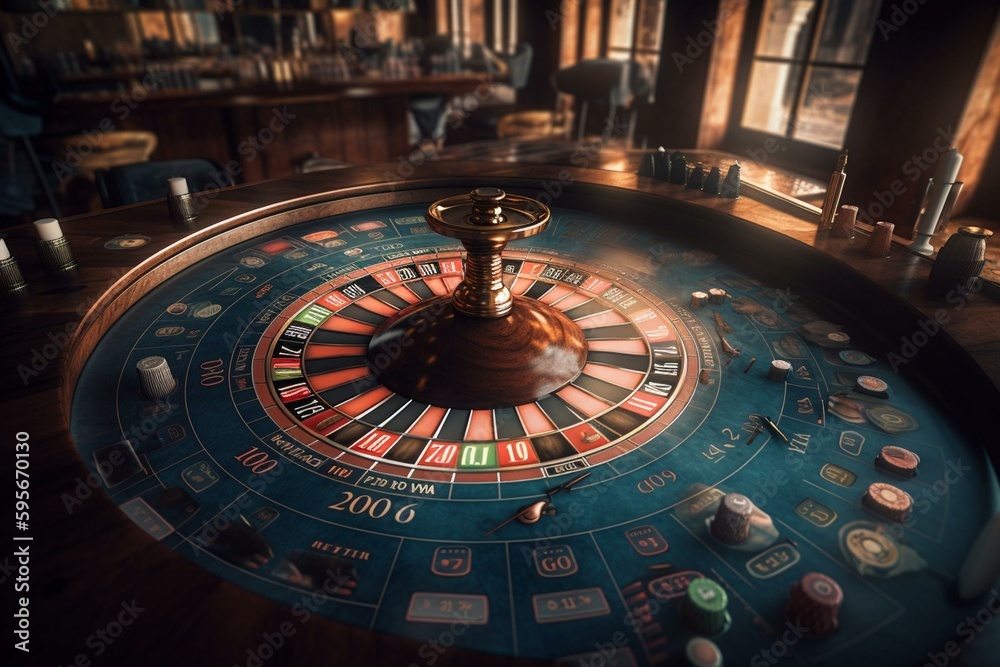 Digital recreation of gambling game involving a spinning wheel and bets on sections of numbers and colors. Generative AI