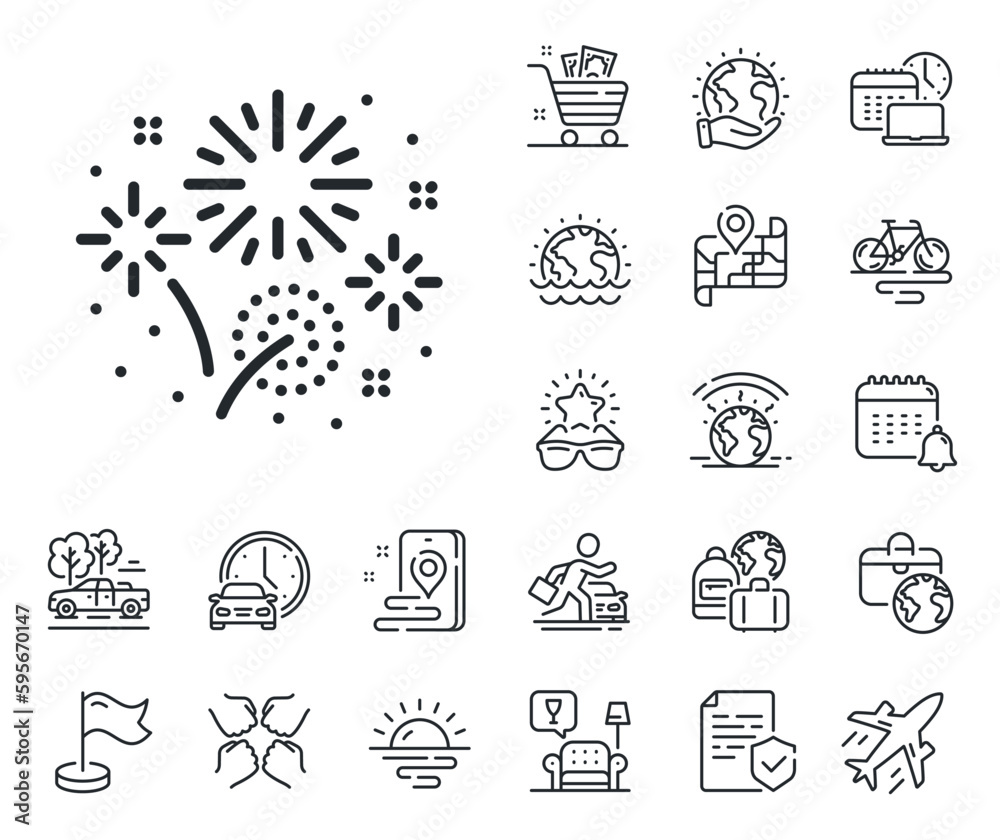 Naklejka premium Pyrotechnic salute sign. Plane jet, travel map and baggage claim outline icons. Fireworks line icon. Carnival celebration lights symbol. Fireworks line sign. Car rental, taxi transport icon. Vector