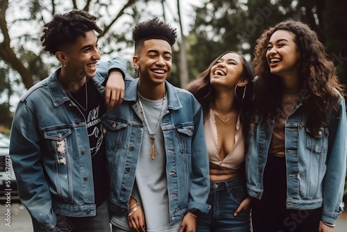 A group of friends laughing and posing for a photo while wearing matching denim jackets and ripped jeans. Generative Ai.