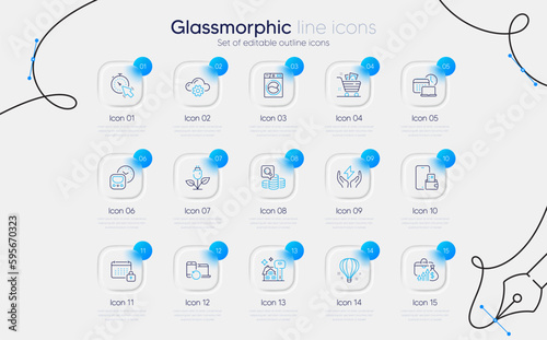 Set of Safe energy, Inspect and Timer line icons for web app. Calendar, Phone wallet, Recovery devices icons. Work time, Buying house, Cloud computing signs. Eco power, Grocery basket. Vector