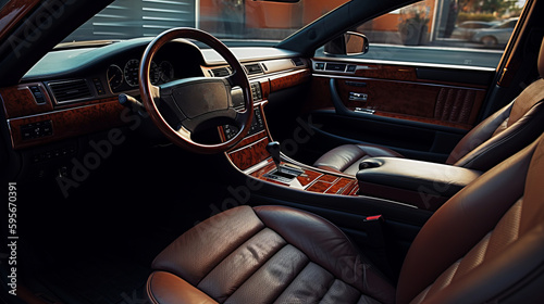 Luxurious leather interior of a retro car control panel. Al generated