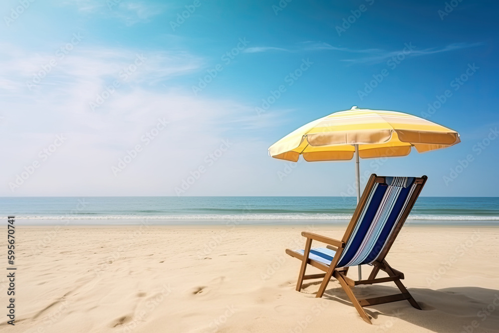 Lounge chair on tropical sea beach and umbrella. Summer vacation concept. Created with Generative AI