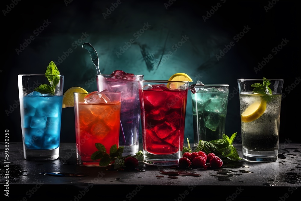 Advertising Shot of colorful cocktails or beverages with fruits. Generative Ai.