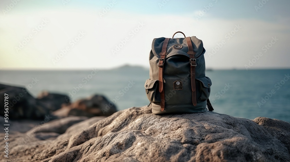 Backpack on a big rock near the beach and sea in late afternoon - AI Photography - obrazy, fototapety, plakaty 