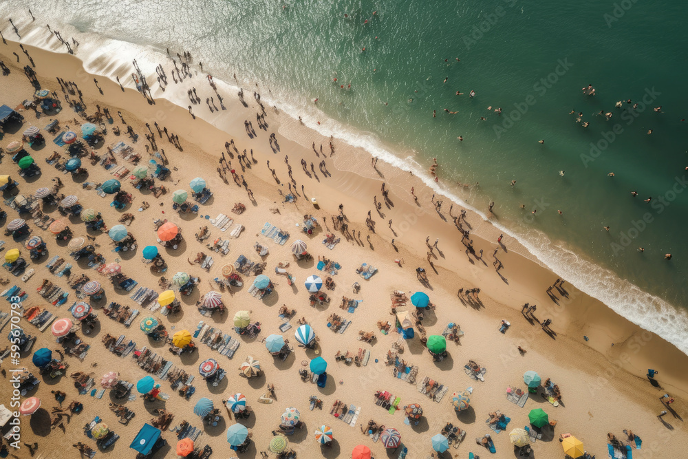 Sea beach with colorful umbrellas and relaxing people, aerial top view. Crowded sandy beach at high season. Tourists at summer holidays. Created with Generative AI Sea beach with colorful umbrellas and relaxing people, aerial top view. Crowded sandy beach at high season. Tourists at summer holidays. Created with Generative AI