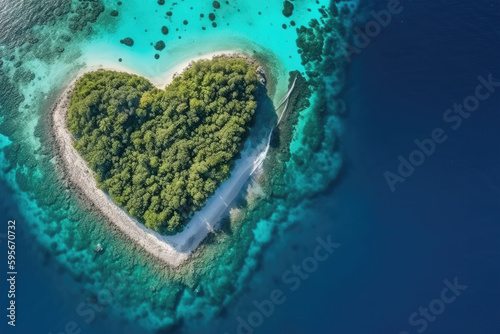 Tropical island in shape of heart, top view. Luxury resort at private island. Created with Generative AI
