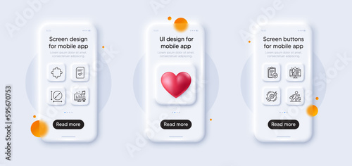 Jobless, Approved report and Green energy line icons pack. 3d phone mockups with heart. Glass smartphone screen. Puzzle, Podcast, Checked file web icon. Circle area, Creative design pictogram. Vector