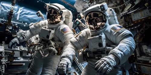 An action shot of astronauts conducting experiments in space. Generative Ai.