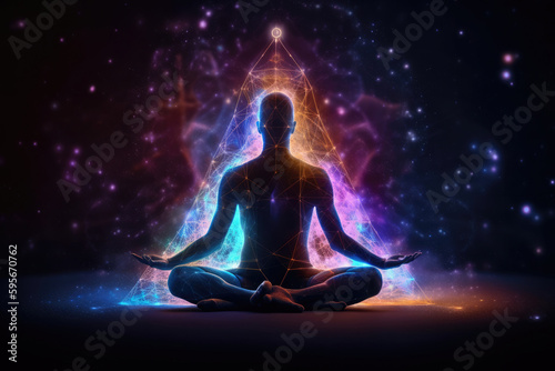 Silhouette of body meditate in lotus position on cosmic background. Spiritual awakening and positive energy of universe. Concept of communication with another world. Created with Generative AI