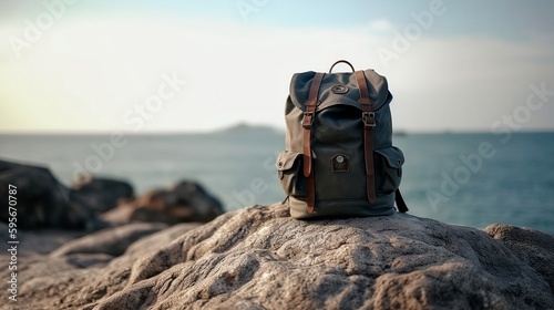 Backpack on a big rock near the beach and sea in late afternoon - AI Photography