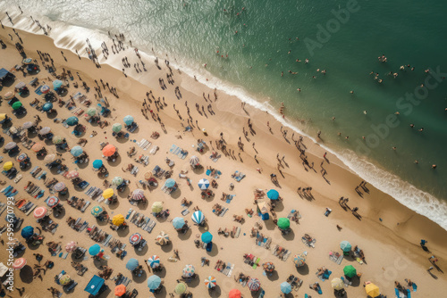 Sea beach with colorful umbrellas and relaxing people, aerial top view. Crowded sandy beach at high season. Tourists at summer holidays. Created with Generative AI © Lazy_Bear