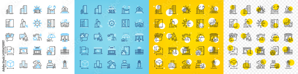 Vector icons set of Arena, Market and Lighthouse line icons pack for web with Factory, Open door, Skyscraper buildings outline icon. Distribution, Realtor, Terrace pictogram. Buildings. Vector