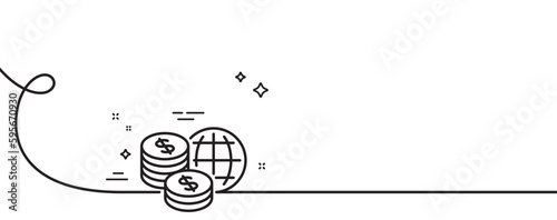 World money line icon. Continuous one line with curl. Global markets sign. Internet payments symbol. World money single outline ribbon. Loop curve pattern. Vector