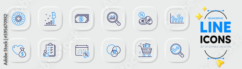 Grocery basket, Banking and Currency exchange line icons for web app. Pack of Upper arrows, Data analysis, Checklist pictogram icons. Euler diagram, Calendar tax, Analytics signs. Vector
