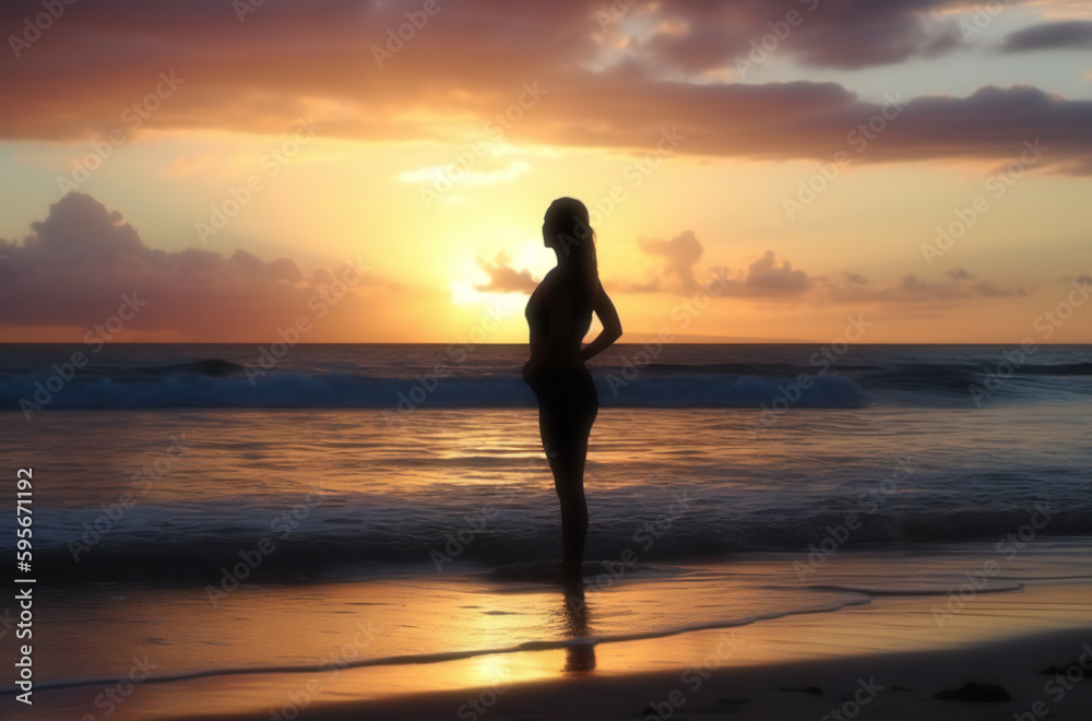 silhouette of a woman doing yoga in front of a sunset in a serene setting