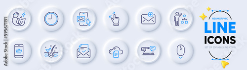 Touchscreen gesture, Green energy and Anti-dandruff flakes line icons for web app. Pack of Approved mail, File storage, Smartphone buying pictogram icons. Scroll down, New mail. Vector