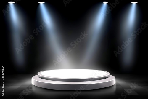 A white podium with lights on it and a black background  generative ai