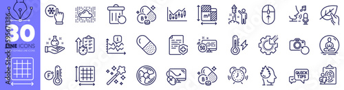 Pantothenic acid, Yoga and Stress line icons pack. Recovery photo, Recovery trash, Air fan web icon. Fireworks, Magic wand, Fahrenheit thermometer pictogram. Timer, Freezing click. Vector