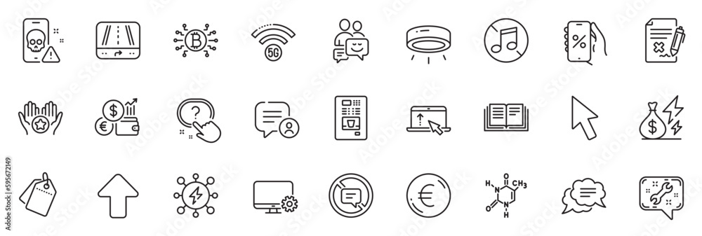 Icons pack as Discounts app, Upload and Bitcoin system line icons for app include Swipe up, Cursor, Currency rate outline thin icon web set. Cyber attack, Spanner, Question button pictogram. Vector