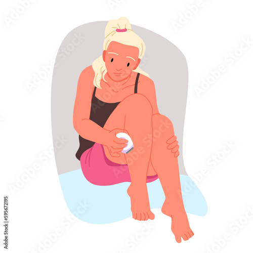 Woman shaving leg with depilatory razor machine vector illustration. Cartoon girl holding electric personal trimmer to shave and remove hair, care body skin with depilation shaver in bathroom