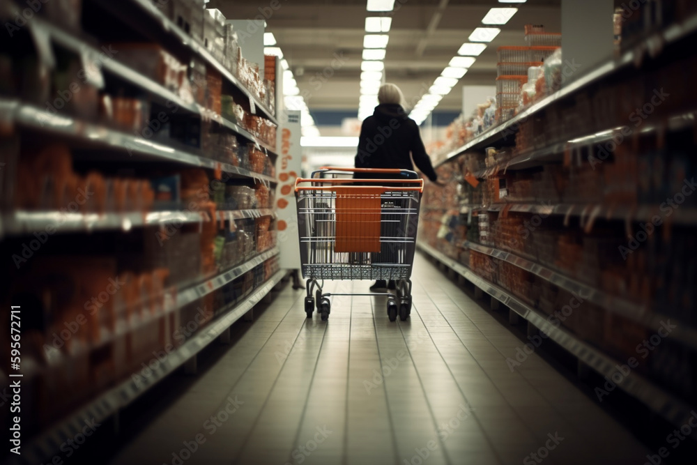 A Shopper Pushes a Trolley along a Supermarket  Generative AI