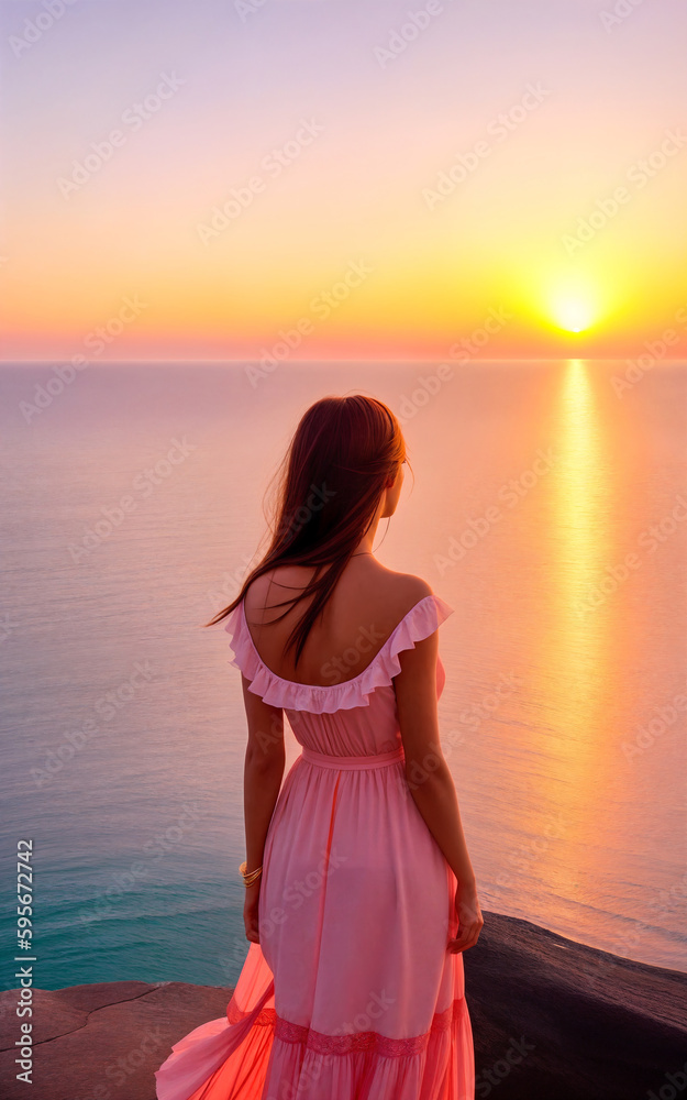 Woman looks at the evening sea sunset