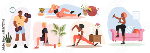 Sport exercises of active fitness couple at home vector illustration. Cartoon women and men training muscles of body with dumbbells, healthy bodybuilding workout of adult young partners in team
