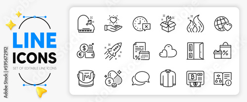 Time, Sulfur mineral and Open door line icons set for app include Shirt, Calendar tax, Messenger outline thin icon. Technical algorithm, Bitcoin atm, Spanner pictogram icon. Vector