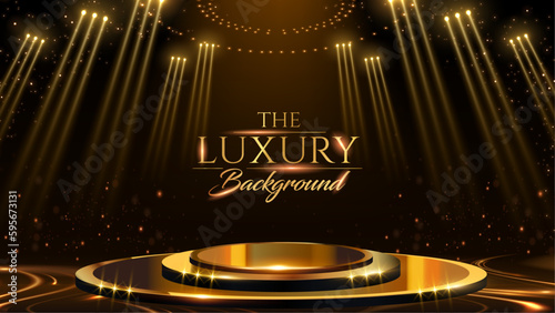 Golden Stage Spotlights Royal Awards Graphics Background. Lights Elegant Shine Modern Template. Luxury Premium Corporate Template. Event Show Backdrop.