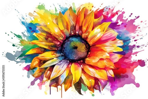 Colorful sunflower watercolor painting with splash for summer background. distinct generative AI image. photo