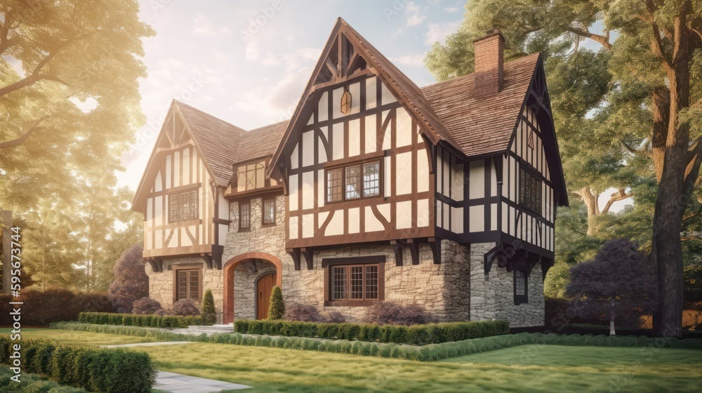 Tudor exterior house design in daytime golden hour generative ai Tudor exterior house design in daytime golden hour generative ai