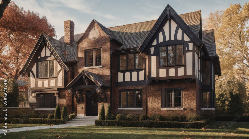 Tudor exterior house design in daytime golden hour generative ai Tudor exterior house design in daytime golden hour generative ai