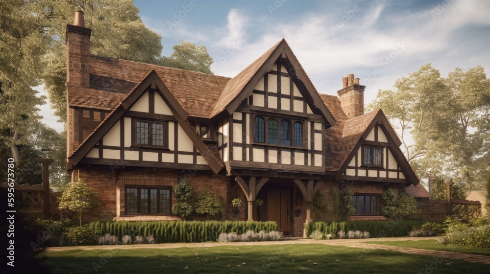 Tudor exterior house design in daytime golden hour generative ai