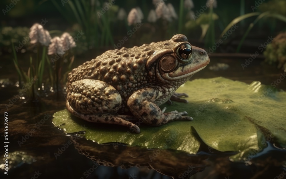 A frog or toad sits on a lily pad in a pond swamp background rainforest frog Generative AI A frog or toad sits on a lily pad in a pond swamp background rainforest frog Generative AI