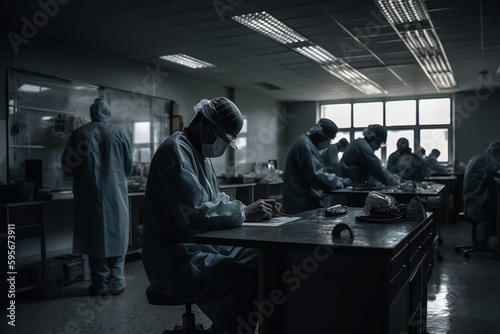 Men doctors at work inside hospital. Generative AI