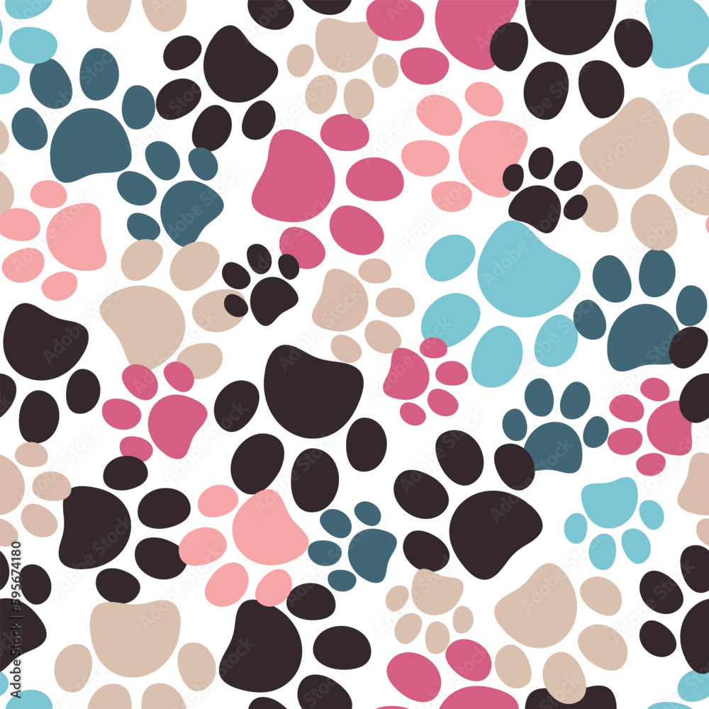 Fototapeta premium Seamless pet paw pattern. Cat or dog footprint background. Vector illustration. It can be used for wallpapers, wrapping, cards, patterns for clothes and other.