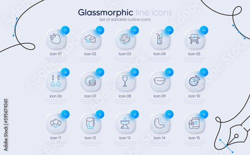 Set of Cashew nut, Walnut and Gas grill line icons for web app. Water glass, Food app, Potato icons. Dishes, Water cooler, Wine glass signs. Bowl dish, Grill, Ice creams. Pizza. Vector
