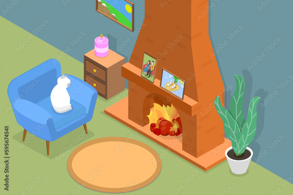 3D Isometric Flat Vector Conceptual Illustration of Cozy Interior, Living Room with Fireplace