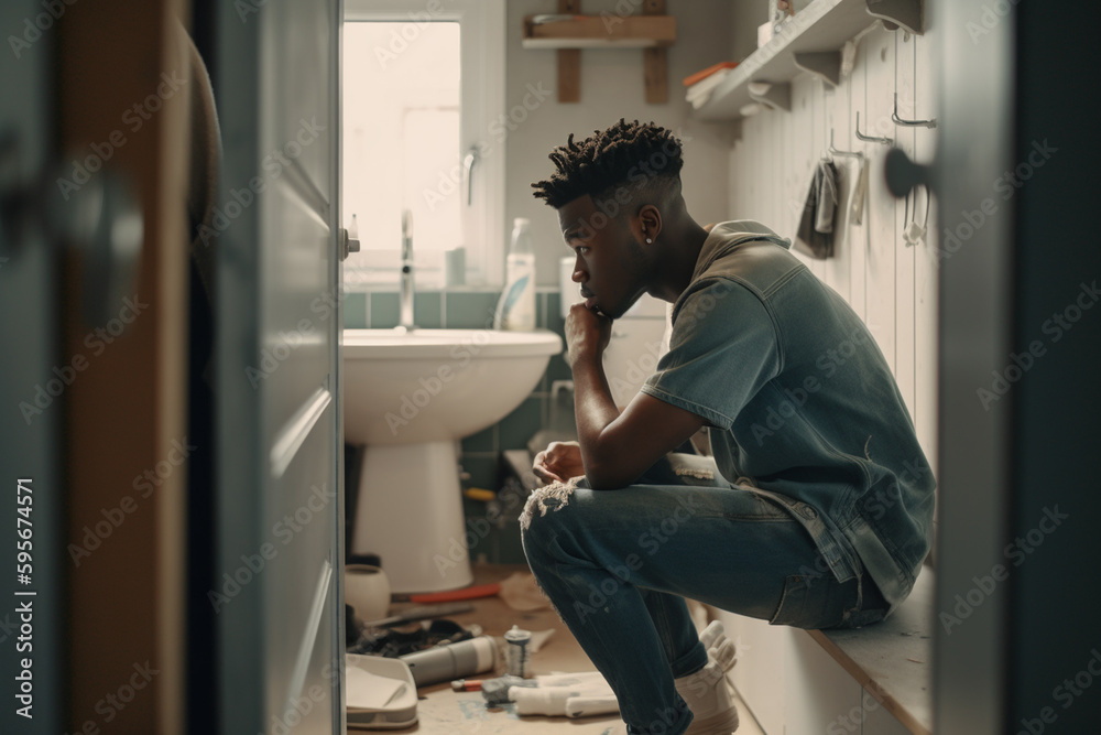 young black plumber man sitting in bathroom ,repair or modernization. Generative AI