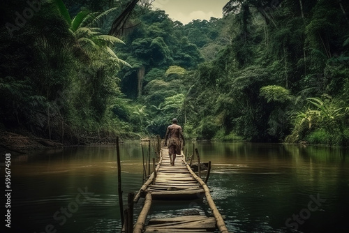 adventure, on a wooden small bridge along a river, in the jungle. fictional place. Generative AI