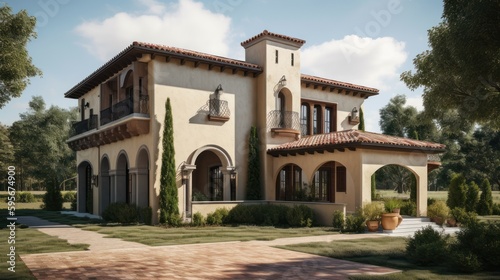 Tuscan exterior house design in daytime golden hour generative ai © Hixel
