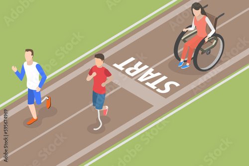 3D Isometric Flat Vector Conceptual Illustration of Disabled Athletes, Inclusive Sports and Activities