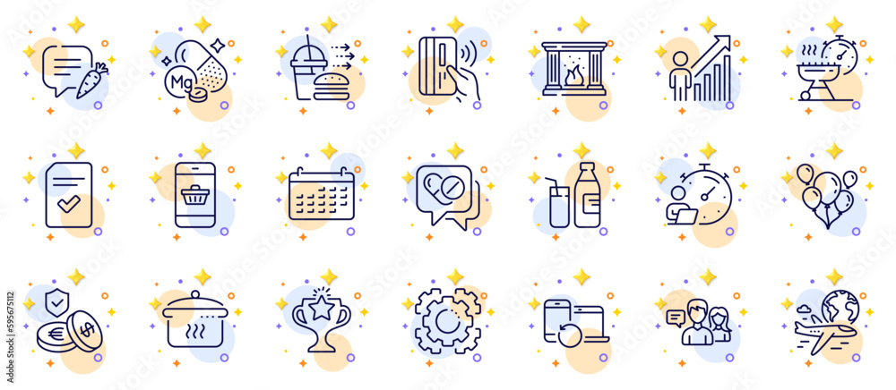 Outline set of Savings insurance, Grill time and Balloons line icons for web app. Include Calendar, Timer, Employee result pictogram icons. Recovery devices, Seo gear, Smartphone buying signs. Vector