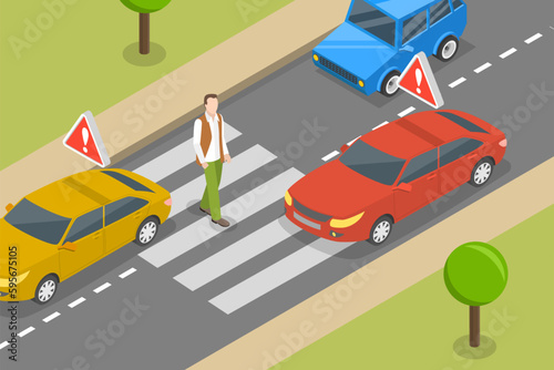 3D Isometric Flat Vector Conceptual Illustration of Pedestrian Crossing, Road Safety Rules