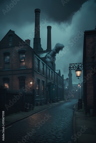 A dark Victorian industrial district, Coal fog, wet and dirty street, Peaky Blinders style
