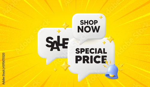 Special price tag. 3d offer chat speech bubbles. Sale sign. Advertising Discounts symbol. Special price speech bubble 3d message. Talk box banner with bell. Vector