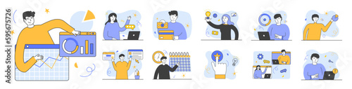 Business Teamwork scene illustrations. Collection of office scenes. Workflow concept. Mega set. Collection of scenes with men and women taking part in business activities. Trendy vector style