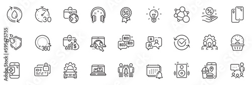Icons pack as Speakers, Card and Car service line icons for app include Refill water, Bid offer, 360 degrees outline thin icon web set. Team work, People chatting, Medical phone pictogram. Vector