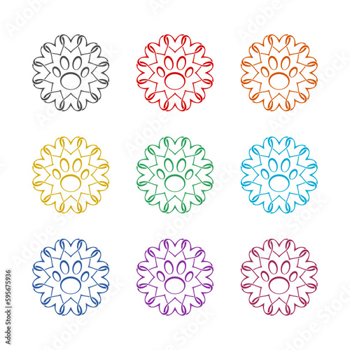 Animal love symbol paw print with heart icon isolated on white background. Set icons colorful